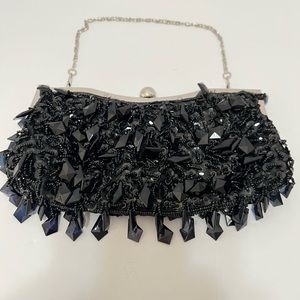 Black beaded cocktail purse clutch bag silver trim